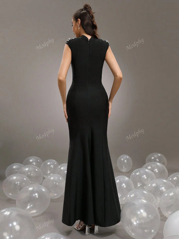 Modphy 2024 New Heavy Embellished Star & Diamond Accented Black Short Sleeve Sexy Mermaid Maxi Bandage Bridesmaid Dress For Women