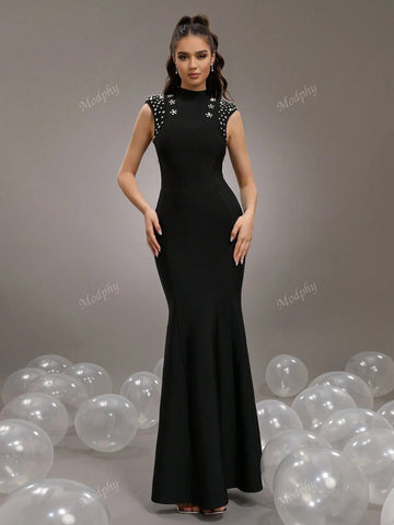 Modphy 2024 New Heavy Embellished Star & Diamond Accented Black Short Sleeve Sexy Mermaid Maxi Bandage Bridesmaid Dress For Women