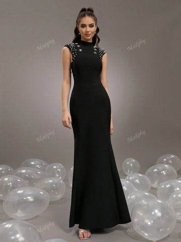 Modphy 2024 New Heavy Embellished Star & Diamond Accented Black Short Sleeve Sexy Mermaid Maxi Bandage Bridesmaid Dress For Women