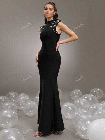 Modphy 2024 New Heavy Embellished Star & Diamond Accented Black Short Sleeve Sexy Mermaid Maxi Bandage Bridesmaid Dress For Women