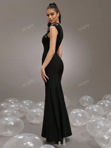 Modphy 2024 New Heavy Embellished Star & Diamond Accented Black Short Sleeve Sexy Mermaid Maxi Bandage Bridesmaid Dress For Women