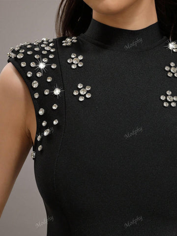 Modphy 2024 New Heavy Embellished Star & Diamond Accented Black Short Sleeve Sexy Mermaid Maxi Bandage Bridesmaid Dress For Women