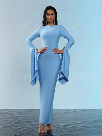 Modphy 2024 New Arrival Black Round Neck Long Sleeve Beaded Flared Hem High Elasticity Sexy Bodycon Maxi Bandage Dress, Bridesmaid Dress For Women's Formal Evening Party