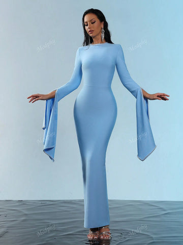 Modphy 2024 New Arrival Black Round Neck Long Sleeve Beaded Flared Hem High Elasticity Sexy Bodycon Maxi Bandage Dress, Bridesmaid Dress For Women's Formal Evening Party