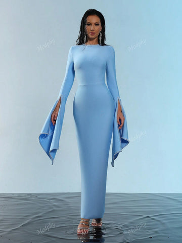 Modphy 2024 New Arrival Black Round Neck Long Sleeve Beaded Flared Hem High Elasticity Sexy Bodycon Maxi Bandage Dress, Bridesmaid Dress For Women's Formal Evening Party