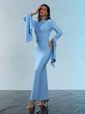 Modphy 2024 New Arrival Black Round Neck Long Sleeve Beaded Flared Hem High Elasticity Sexy Bodycon Maxi Bandage Dress, Bridesmaid Dress For Women's Formal Evening Party