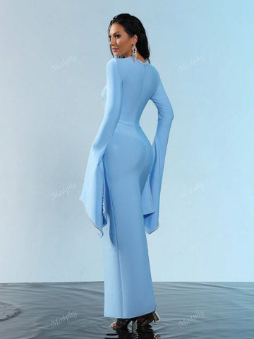 Modphy 2024 New Arrival Black Round Neck Long Sleeve Beaded Flared Hem High Elasticity Sexy Bodycon Maxi Bandage Dress, Bridesmaid Dress For Women's Formal Evening Party