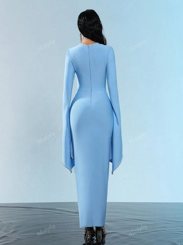 Modphy 2024 New Arrival Black Round Neck Long Sleeve Beaded Flared Hem High Elasticity Sexy Bodycon Maxi Bandage Dress, Bridesmaid Dress For Women's Formal Evening Party