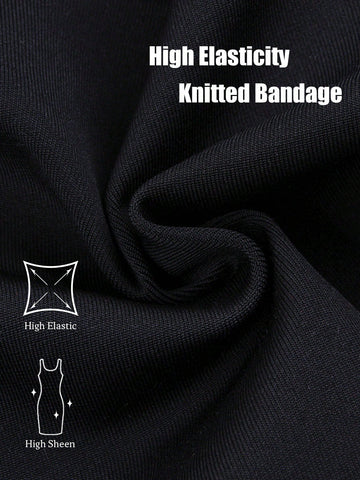 Modphy 2024 New Arrival Black Round Neck Long Sleeve Beaded Flared Hem High Elasticity Sexy Bodycon Maxi Bandage Dress, Bridesmaid Dress For Women's Formal Evening Party