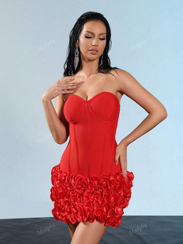Modphy 2024 New Sexy Strapless Layered Ruffle Edge Lace Up Tight Mini Dress Sexy Off Shoulder Women Flower Fishbone Dress