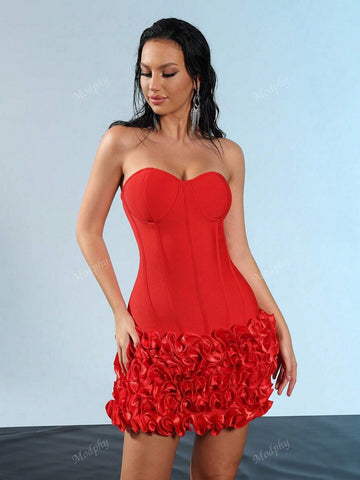 Modphy 2024 New Sexy Strapless Layered Ruffle Edge Lace Up Tight Mini Dress Sexy Off Shoulder Women Flower Fishbone Dress