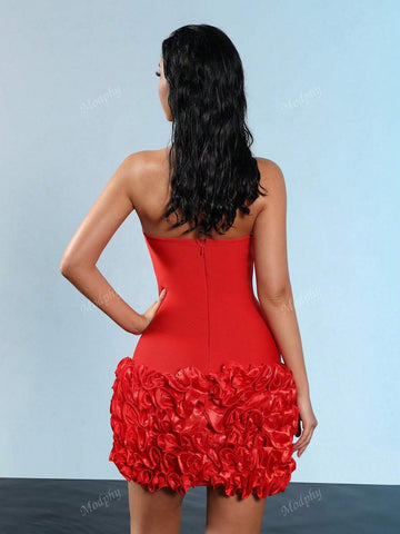 Modphy 2024 New Sexy Strapless Layered Ruffle Edge Lace Up Tight Mini Dress Sexy Off Shoulder Women Flower Fishbone Dress