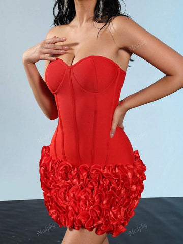 Modphy 2024 New Sexy Strapless Layered Ruffle Edge Lace Up Tight Mini Dress Sexy Off Shoulder Women Flower Fishbone Dress