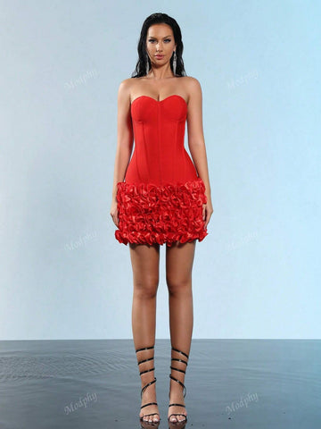 Modphy 2024 New Sexy Strapless Layered Ruffle Edge Lace Up Tight Mini Dress Sexy Off Shoulder Women Flower Fishbone Dress