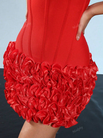 Modphy 2024 New Sexy Strapless Layered Ruffle Edge Lace Up Tight Mini Dress Sexy Off Shoulder Women Flower Fishbone Dress