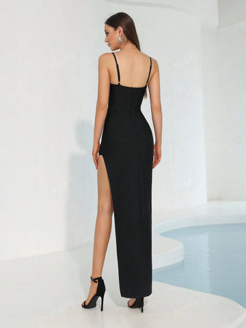 Modphy 2024 New Stylish Black Sexy Low-Neck See-Through Fitted Hollow-Out Spaghetti Strap Slit Bandage Bodycon Party Gown Elegant Cocktail Dress For Women,Wedding Event Dress