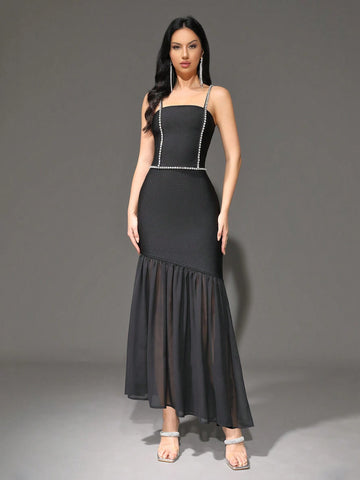 Modphy 2024 New Summer Women's Dress, Rhinestone Decor Strap Bandage Mesh Patchwork Long Party Dress