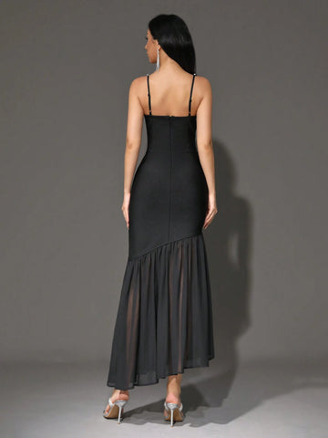 Modphy 2024 New Summer Women's Dress, Rhinestone Decor Strap Bandage Mesh Patchwork Long Party Dress