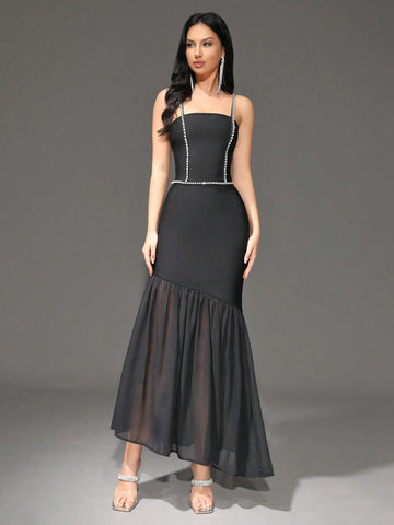 Modphy 2024 New Summer Women's Dress, Rhinestone Decor Strap Bandage Mesh Patchwork Long Party Dress