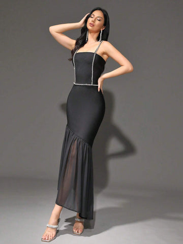 Modphy 2024 New Summer Women's Dress, Rhinestone Decor Strap Bandage Mesh Patchwork Long Party Dress