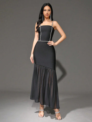 Modphy 2024 New Summer Women's Dress, Rhinestone Decor Strap Bandage Mesh Patchwork Long Party Dress