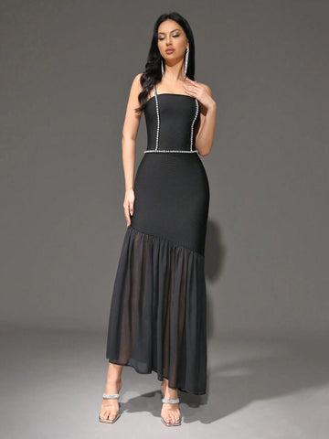 Modphy 2024 New Summer Women's Dress, Rhinestone Decor Strap Bandage Mesh Patchwork Long Party Dress