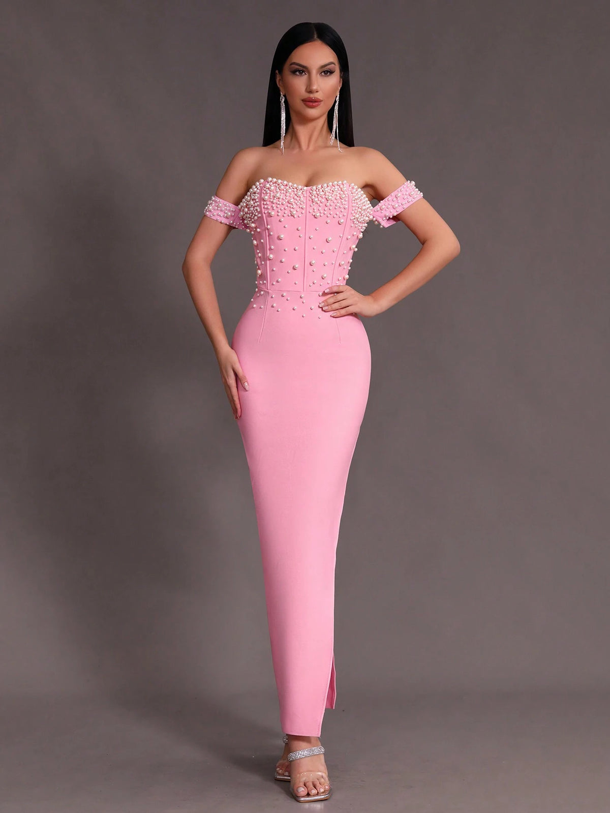Modphy 2024 New Summer Women's Fashionable Elegant Pink One Shoulder Dress With Beaded Decor And High Slit For Formal Occasions