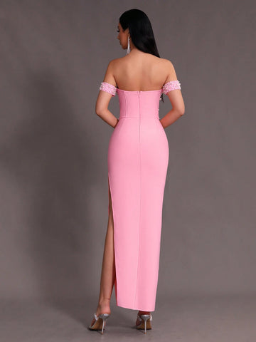 Modphy 2024 New Summer Women's Fashionable Elegant Pink One Shoulder Dress With Beaded Decor And High Slit For Formal Occasions