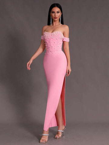 Modphy 2024 New Summer Women's Fashionable Elegant Pink One Shoulder Dress With Beaded Decor And High Slit For Formal Occasions
