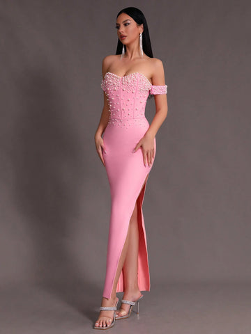 Modphy 2024 New Summer Women's Fashionable Elegant Pink One Shoulder Dress With Beaded Decor And High Slit For Formal Occasions