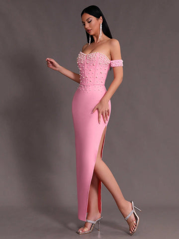 Modphy 2024 New Summer Women's Fashionable Elegant Pink One Shoulder Dress With Beaded Decor And High Slit For Formal Occasions