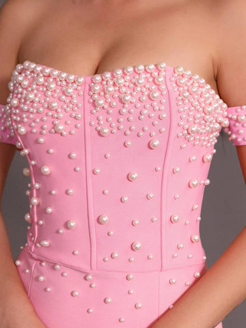 Modphy 2024 New Summer Women's Fashionable Elegant Pink One Shoulder Dress With Beaded Decor And High Slit For Formal Occasions