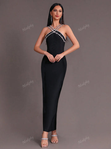 Modphy 2024 New Summer Women's Sexy Rhinestone Chain Strap Bodycon Long Dress Party Evening Gown