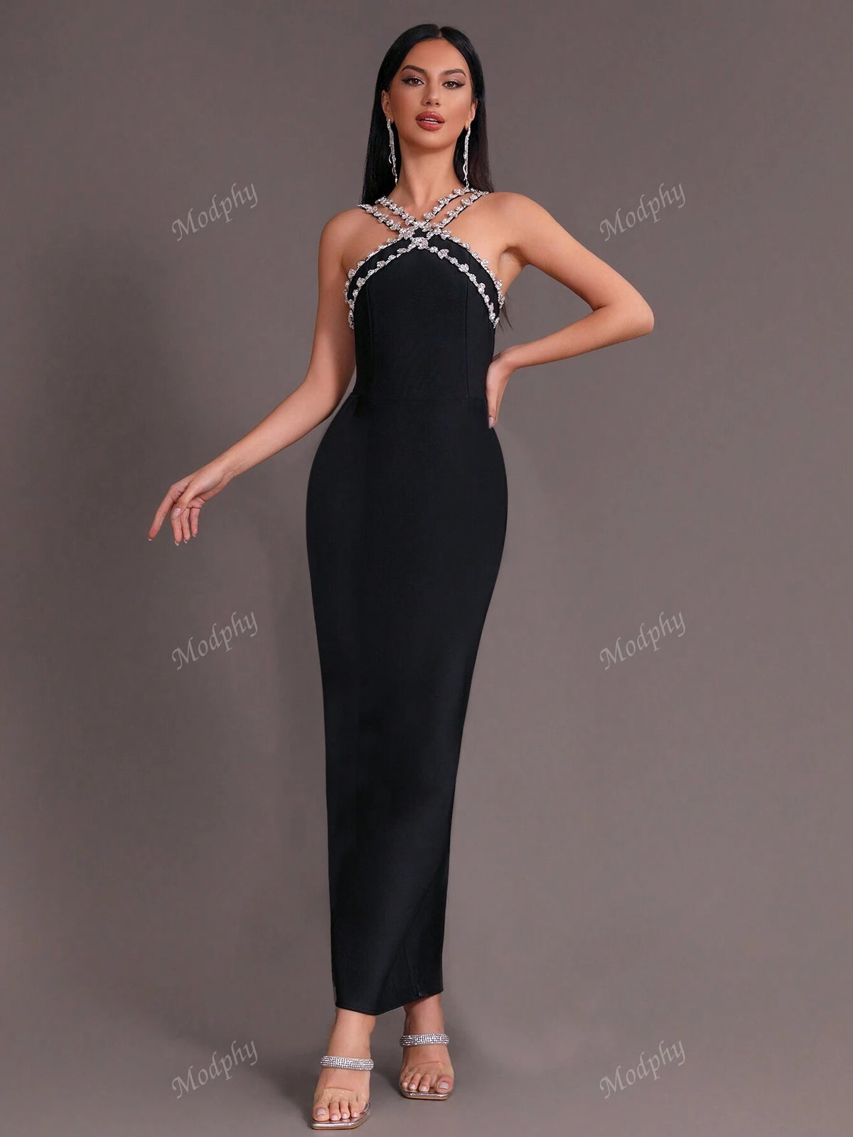 Modphy 2024 New Summer Women's Sexy Rhinestone Chain Strap Bodycon Long Dress Party Evening Gown