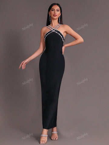Modphy 2024 New Summer Women's Sexy Rhinestone Chain Strap Bodycon Long Dress Party Evening Gown