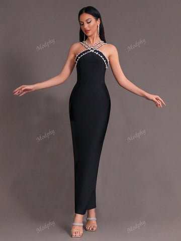 Modphy 2024 New Summer Women's Sexy Rhinestone Chain Strap Bodycon Long Dress Party Evening Gown