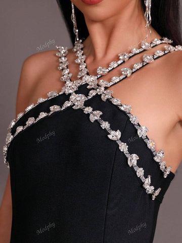 Modphy 2024 New Summer Women's Sexy Rhinestone Chain Strap Bodycon Long Dress Party Evening Gown