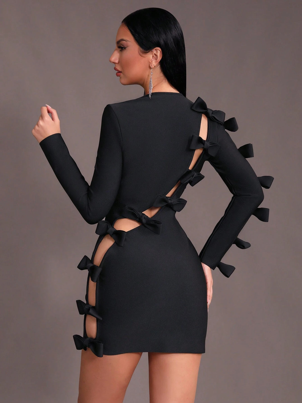 Modphy 2024 New Women's Black Hollow Out Butterfly Knot Long-Sleeve Mini Bandage Dress, Fashionable Sexy Party Dress