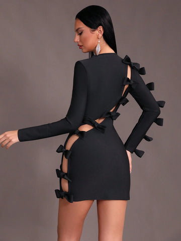 Modphy 2024 New Women's Black Hollow Out Butterfly Knot Long-Sleeve Mini Bandage Dress, Fashionable Sexy Party Dress