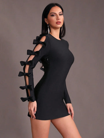 Modphy 2024 New Women's Black Hollow Out Butterfly Knot Long-Sleeve Mini Bandage Dress, Fashionable Sexy Party Dress