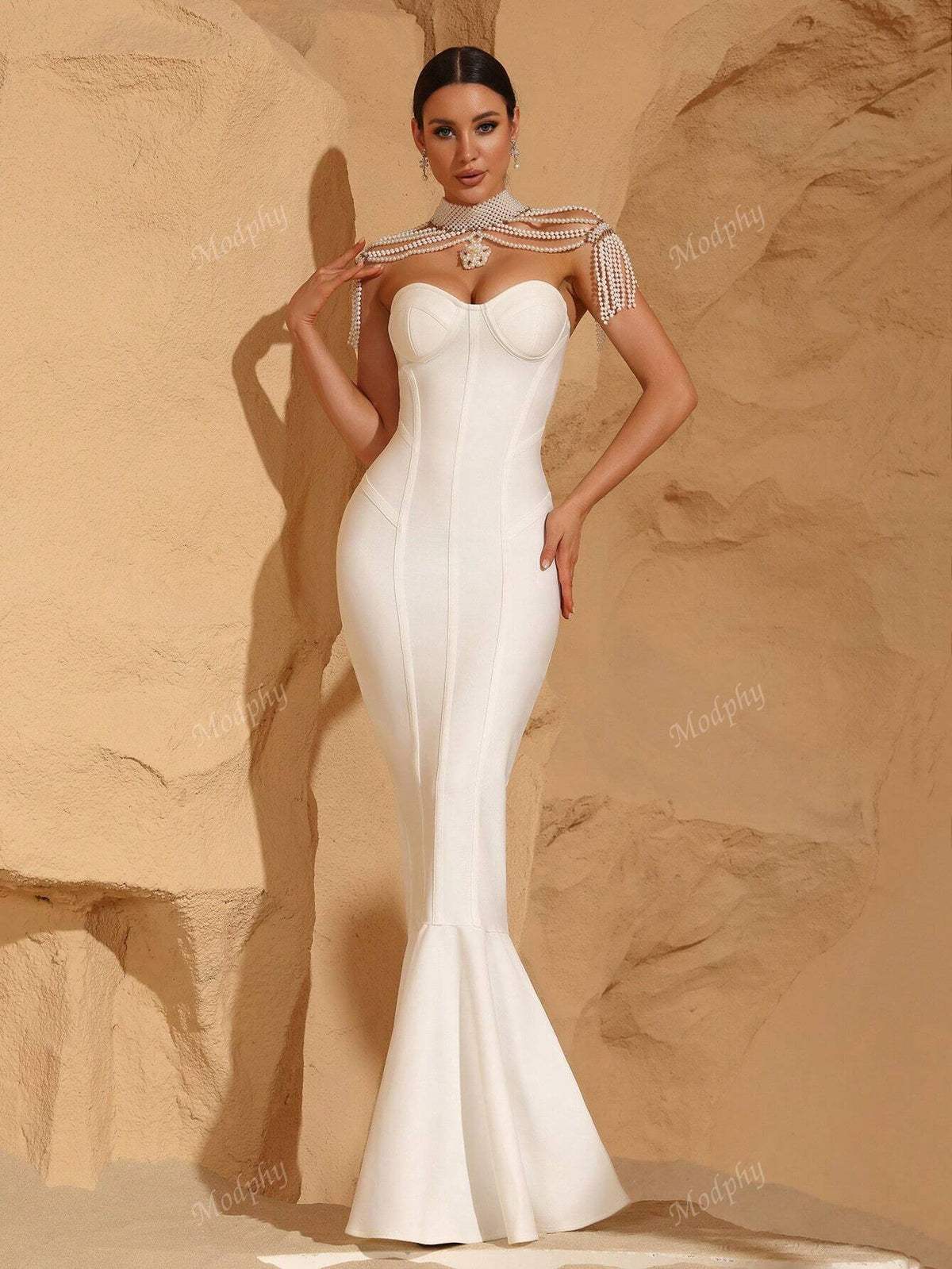 Modphy 2024 New Women's Black Pearl Necklace Small Shawl Sexy Bandeau Bodycon Long Dress Elaborate Ballroom Party Mermaid Skirt