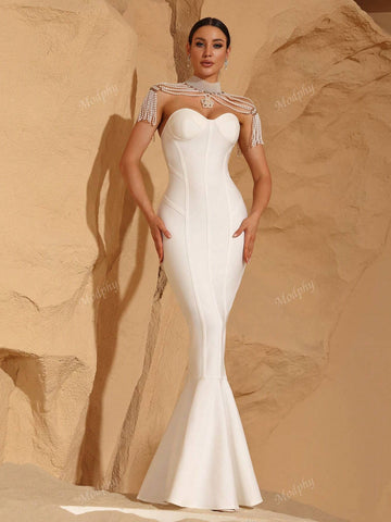 Modphy 2024 New Women's Black Pearl Necklace Small Shawl Sexy Bandeau Bodycon Long Dress Elaborate Ballroom Party Mermaid Skirt