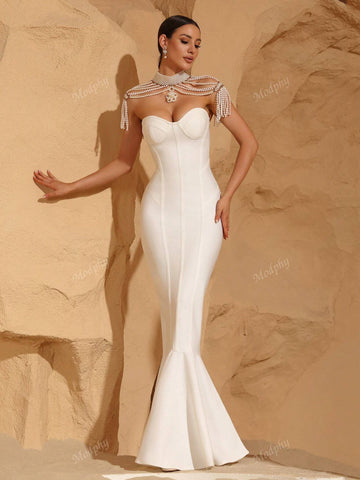 Modphy 2024 New Women's Black Pearl Necklace Small Shawl Sexy Bandeau Bodycon Long Dress Elaborate Ballroom Party Mermaid Skirt