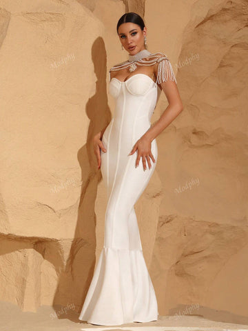 Modphy 2024 New Women's Black Pearl Necklace Small Shawl Sexy Bandeau Bodycon Long Dress Elaborate Ballroom Party Mermaid Skirt