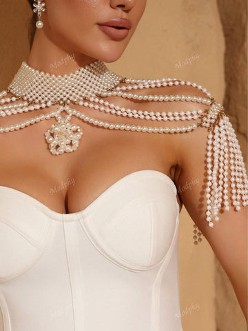 Modphy 2024 New Women's Black Pearl Necklace Small Shawl Sexy Bandeau Bodycon Long Dress Elaborate Ballroom Party Mermaid Skirt