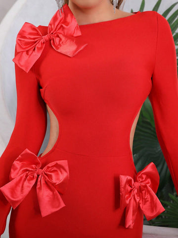 Modphy 2024 New Women's Sexy Backless Long Sleeve Bandage Dress With Bow Decoration, High Side Slit For Wedding Or Cocktail Party
