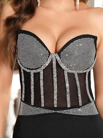 Modphy 2024 New Women's Strapless Draped Dress With Rhinestone & Mesh Patchwork And Mermaid Hem