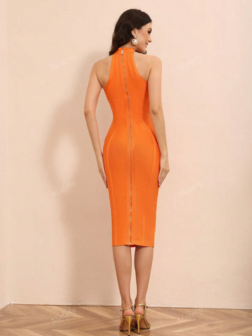 Modphy 2024 Sexy Women's Sleeveless Round Neck Diamond Chain Back Zipper Bandage Midi Dress,Wedding Event Dress