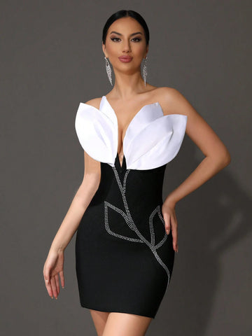 Modphy 2024 Summer New 3D Flower Rhinestone Strapless Tight Bandage Mini Dress For Women, Sexy Backless Cocktail Party Formal Dress