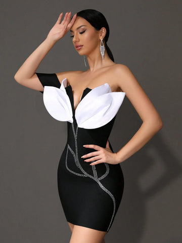 Modphy 2024 Summer New 3D Flower Rhinestone Strapless Tight Bandage Mini Dress For Women, Sexy Backless Cocktail Party Formal Dress